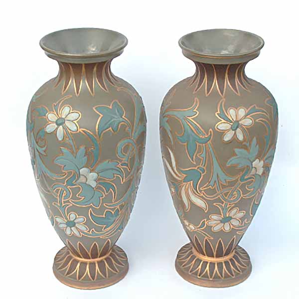 Elizabeth Small - a pair of Doulton Lambeth 12" vases