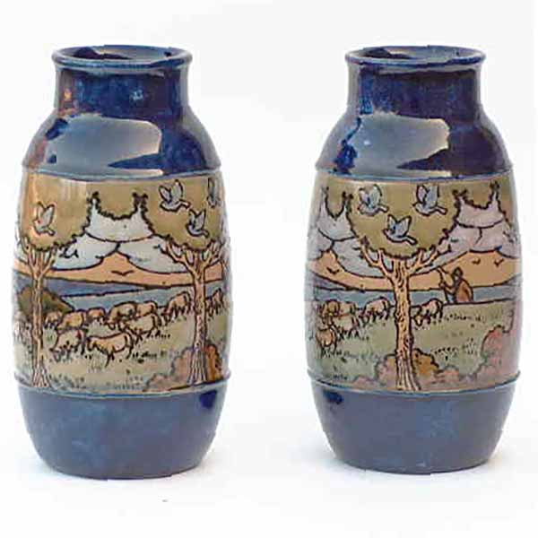 Pair of 7" Royal Doulton vases with pastoral scenes