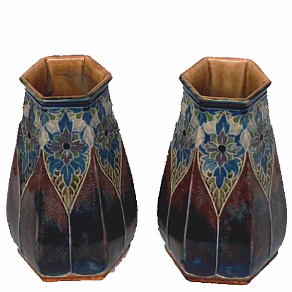 A pair of Royal Doulton Art Nouveau 7.5" hexagonal vases 