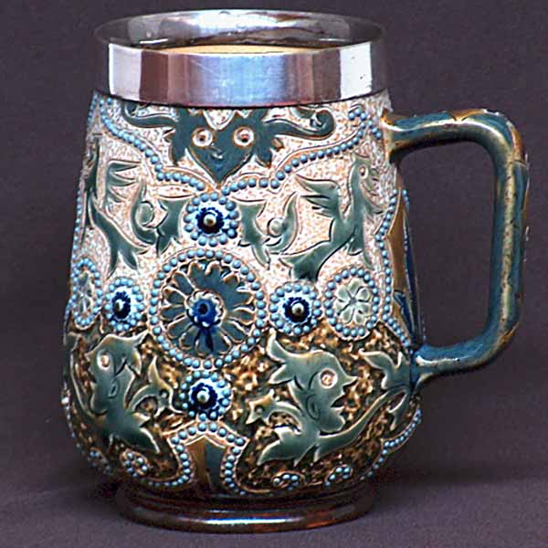 Edith Kemp - a Doulton Lambeth silver (plate) rimmed mug from 1880 - D1496
