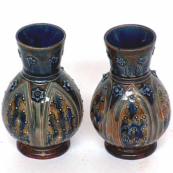 A pair of Doulton Lambeth 4.5" vases, one by Nellie Garbett