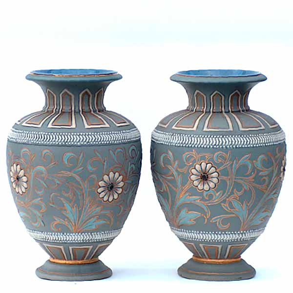 Frances E Lee - a pair of Doulton Lambeth Silicon ware 18.5cm (7.5in) vases - 802