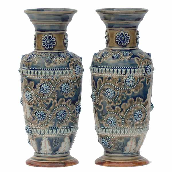 George Tinworth - a pair of Doulton Lambeth vases dated 1876