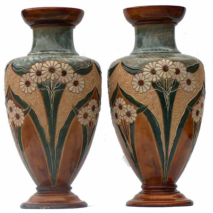 A pair of Doulton Lambeth 10.5in (26cm) vases by Eliza Simmance - 482