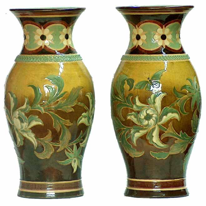 Eliza Simmance - a pair of 13.25in (33.5cm) Doulton Lambeth Silicon ware vases - 38