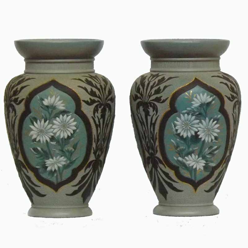 A pair of 7.5in (18.5cm) Doulton Lambeth Silicon ware vases by Florence C Roberts - 186