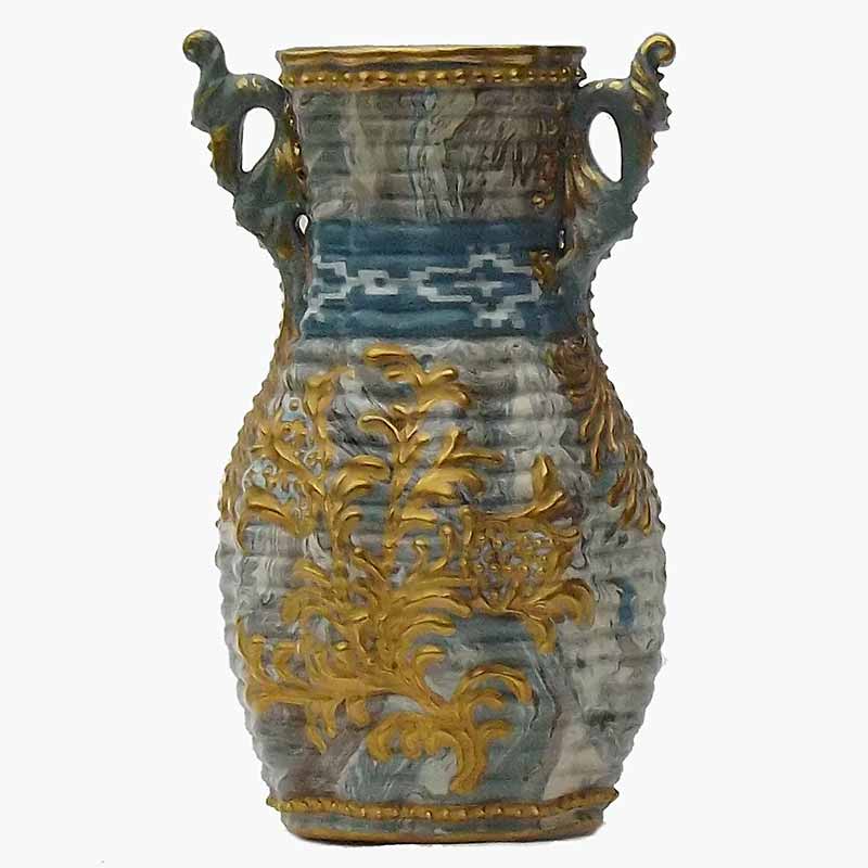 A Doulton and Rix 6in (15cm) marqueterie ware twin-handled vase - 108